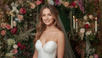 Young bride in a white strapless wedding gown smiling in front of floral backdrop with candles and greenery, highlighting wedding beauty and elegance.