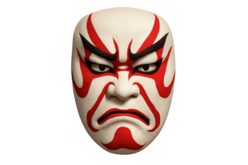 Japanese kabuki mask depicting strong emotion on transparent background