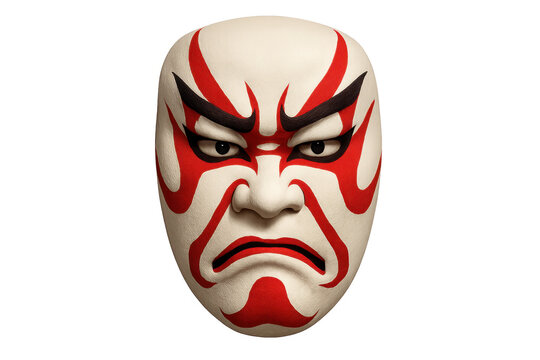 Japanese kabuki mask depicting strong emotion on transparent background