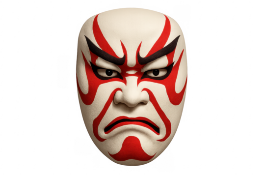 Japanese kabuki mask depicting strong emotion on transparent background - Powered by Adobe