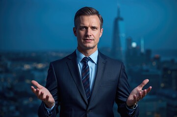 Businessman in formal suit gesturing with open hands against urban skyline at dusk, conveying confidence and communication in corporate environment.