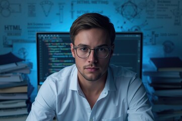young professional man with glasses sitting at desk looking at camera with computer programming code and scientific diagrams in background