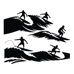 Dynamic silhouette surfers catching waves dynamic ocean sports action dynamic water adventure scenes silhouette