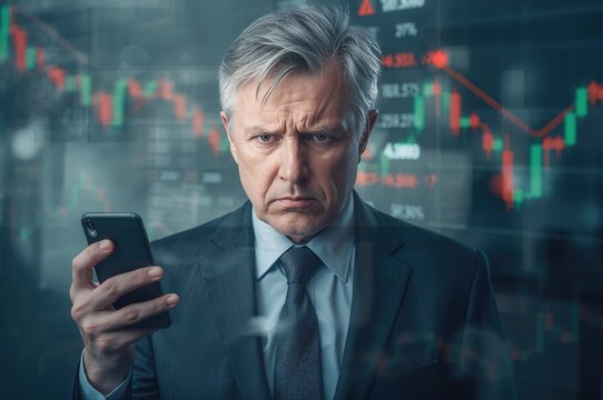 Double exposure image of an older businessman holding a smartphone with serious expression, overlay of stock market charts and data indicating financial analysis and market trends.