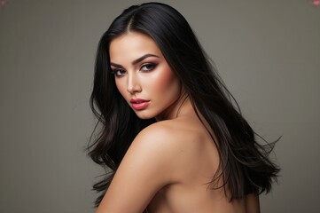 Fototapeta premium Portrait of a beautiful woman with long dark hair and striking makeup, positioned in a side profile against a neutral background, capturing a sense of elegance and allure.