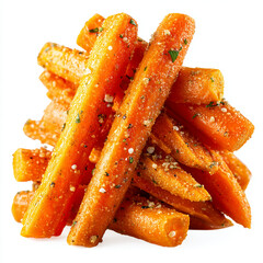 Close up of a pile of glazed carrots with herbs and seasoning against a white background studio shot