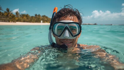 Fototapeta premium Man enjoying summer vacation snorkeling in clear turquoise water with tropical beach background under sunny sky. Smiling and posing for the camera while swimming.