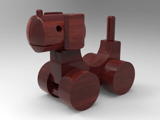 Rustic wooden dog toy featuring geometric blocks and smooth cylindrical wheels - 3D rendering