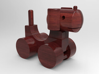Rustic wooden dog toy featuring geometric blocks and smooth cylindrical wheels - 3D rendering