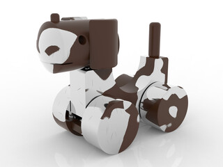 Playful spotted dalmatian dog pull-along toy crafted from geometric blocks and smooth wheels - 3D rendering