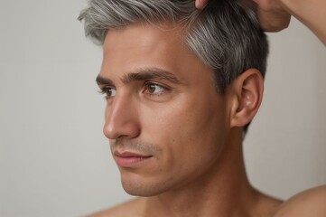 Fototapeta premium Closeup portrait of a young man with graying hair on light background showing thoughtful expression and stylish grooming with bare shoulders