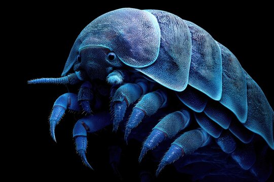 A close-up, macro shot of a giant isopod with glowing blue and purple accents against a black background