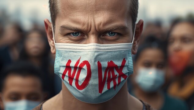 Man wearing a blue medical mask displaying the words No Vax, highlighting vaccine hesitancy amidst a crowd of masked individuals, representing public opposition to Covid-19 vaccinations.