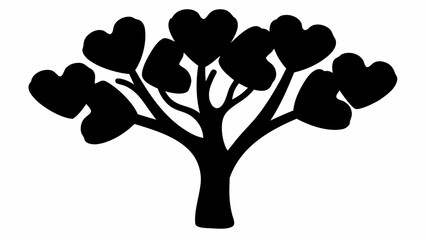 A silhouette of a tree with heart shaped leaves standing against a white background in monochrome style