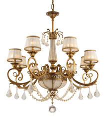 Elegant brass chandelier with crystal accents and cream fabric shades for luxurious interiors