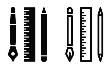 Illustration of drawing tools, featuring a pen, ruler, and pencil, rendered in a minimalist black and white style, ideal for design or educational purposes