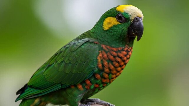 Close-up of a vibrant parrot with green plumage, yellow head, and a dark beak, perched outdoors.