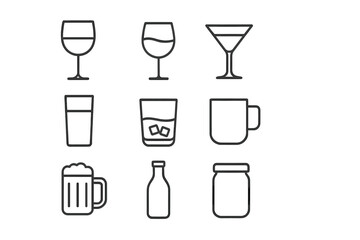 Glassware line icon set. Vector collection of drink and beverage icons. Includes wine, beer, cocktail, whiskey glass, mug, bottle and jar. Editable stroke for web, app, menu.