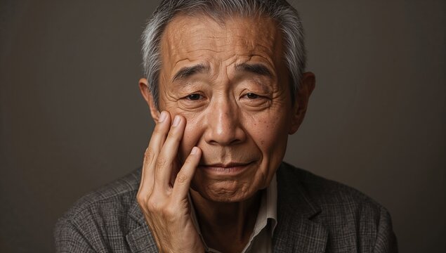 Elderly man with a concerned expression touching his face against a neutral background displaying signs of illness or discomfort in an indoor setting.