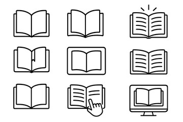 Book line icon set. Open book, library, reading, and e-learning symbols. Editable stroke vector icons for education, knowledge, study, literature, website and app UI design.