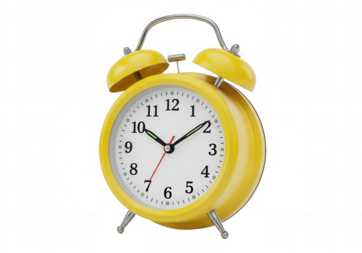 Yellow twin bell alarm clock isolated on a transparent background