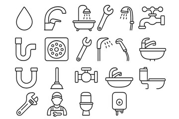 Obraz premium Plumbing service and bathroom fixtures line icon set. Plumber tools, sanitary engineering, and home repair elements. Faucet, toilet, sink, pipe, and shower vector icons.