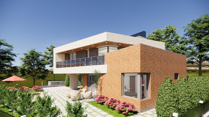modern house with garden and flowers