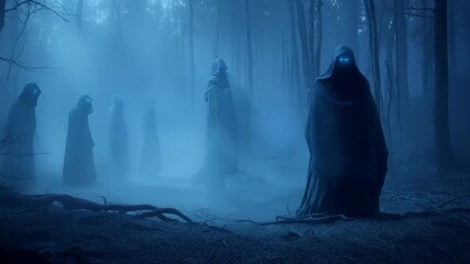 Luminous phantom figures with glowing eyes materialize between bare trees in dense blue-tinted forest mist. Supernatural silhouettes emerge from shadowy woodland landscape