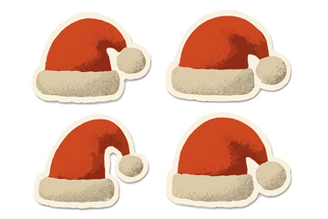 Set of 4 Santa hats torn paper stickers, Christmas festive accessories in naive halftone collage style, vintage clay toy look, cartoon vector illustrations with transparent background