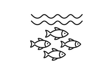 Minimalist thin line icon of a school of fish swimming underwater, symbolizing ocean health, marine life, aquatic environment, and ecological balance