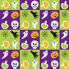 Halloween pattern with icons of a ghost, pumpkin, skeleton, spider web, potion, and hand