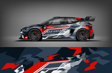 Editable vector EPS car wrap featuring dark blue, red, and grey abstract camo style. Sporty and aggressive racing livery design perfect for rally and drift cars. © Wrapin