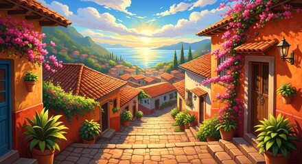 Obraz premium Vibrant sunlit street scene with colorful buildings and lush greenery