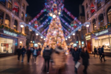 Abstract blurred background of a festive street during Christmas time with bokeh lights from a large decorated tree and people walking around the shops at night