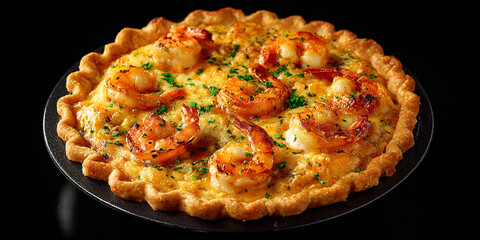 Shrimp pie on black background