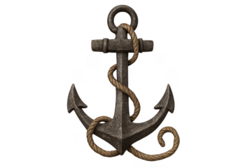 Vintage anchor with rope on transparent background