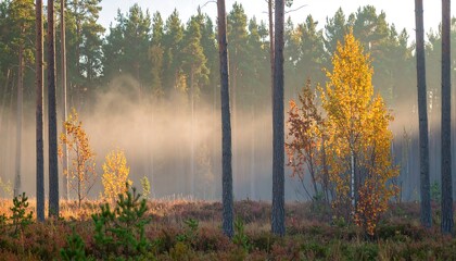 Misty autumn forest landscape