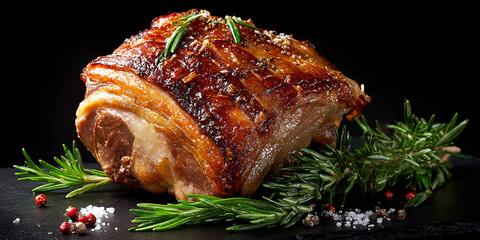 Roast pork leg on black background