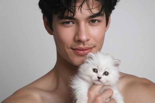 Young man holding a fluffy white kitten close to his face with a gentle smile against a neutral background highlighting the bond between them.