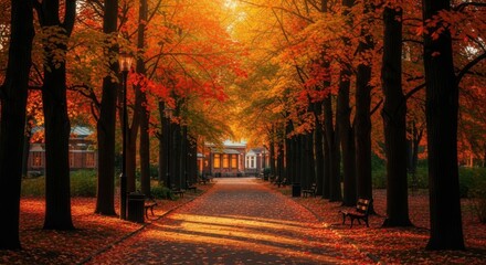 Fototapeta premium Autumn evening ambiance golden hour tree lined path soft lights outdoors