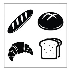 Delicious baked goods collection featuring baguette croissant round bread and sliced bread icons silhouette