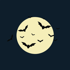 Flying Bats Silhouette in Front of Full Moon – Halloween Night Vector