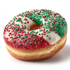 Festive decorated donut with red and green toppings.