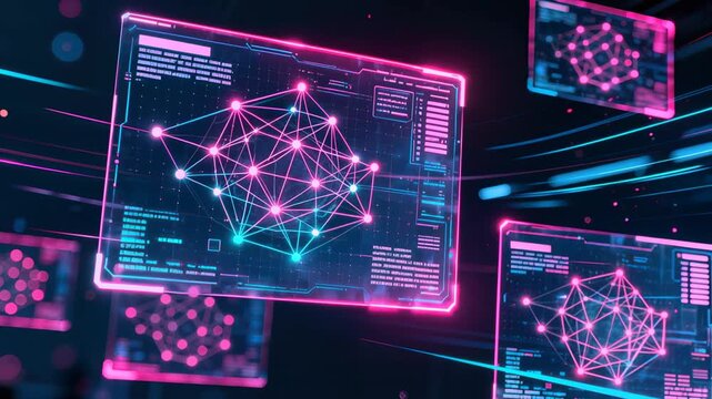 Immersive digital environment showcasing interconnected neural network nodes with translucent screens, displaying complex data patterns in vibrant neon blue and pink against technological backdrop.