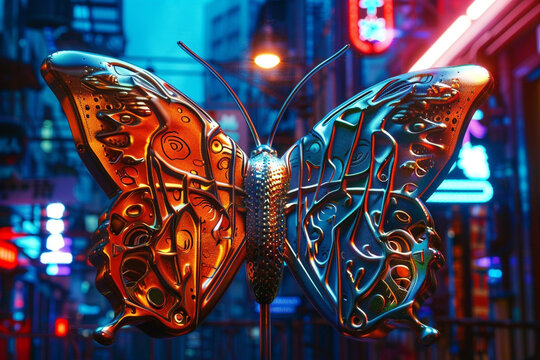 Intricate mechanical butterfly sculpture illuminated by vibrant neon lights in a futuristic city alley.