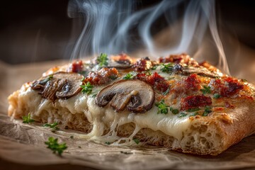 A close up of a hot pizza slice with mushrooms and cheese