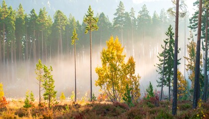 Misty autumn forest sunrise