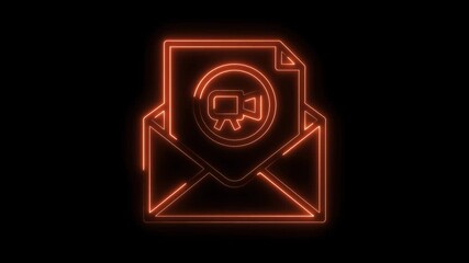 Neon outline of email with video camera icon on black background animation