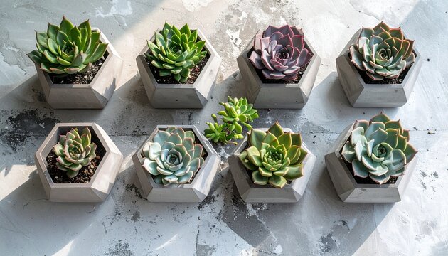 Elegant succulent arrangements in geometric concrete planters create a modern botanical display, perfect for adding natural beauty and a touch of minimalist style to any space