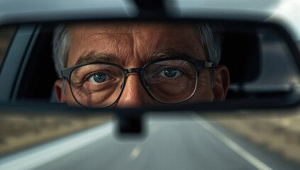 Mature male driver with glasses reflected in rearview mirror focused on the road ahead while driving on a clear highway during the day